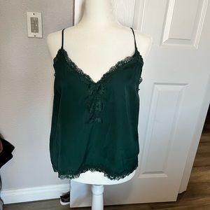Forest green silky blouse lace trim